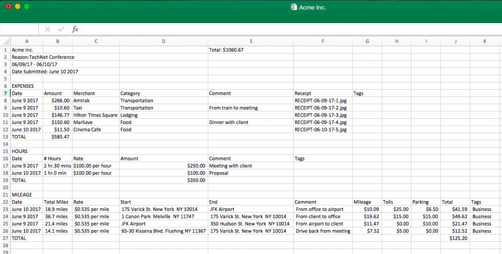 Falcon's Expense Reporting App Spreadsheet Expense Report Output